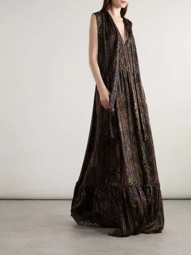Saint Laurent Pleated Tiered Paisley-print Metallic Silk-blend Georgette Maxi Dress | Thumbnail 2 Saint Laurent Pleated Tiered Paisley-print Metallic Silk-blend Georgette Maxi Dress | Thumbnail 2
