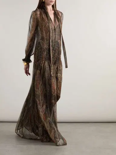 Saint Laurent Smocked Metallic Paisley-print Silk-blend Chiffon Maxi Dress | Thumbnail 3 Saint Laurent Smocked Metallic Paisley-print Silk-blend Chiffon Maxi Dress | Thumbnail 3