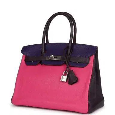 HERMÈS Pre-owned Hermes Special Order (HSS) Birkin 30 Tri-color Raisin, Ultraviolet and Rose Shocking Chevre Palladium Hardware | Thumbnail 5 HERMÈS Pre-owned Hermes Special Order (HSS) Birkin 30 Tri-color Raisin, Ultraviolet and Rose Shocking Chevre Palladium Hardware | Thumbnail 5