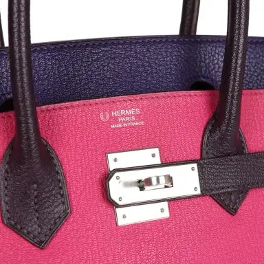 HERMÈS Pre-owned Hermes Special Order (HSS) Birkin 30 Tri-color Raisin, Ultraviolet and Rose Shocking Chevre Palladium Hardware | Thumbnail 7 HERMÈS Pre-owned Hermes Special Order (HSS) Birkin 30 Tri-color Raisin, Ultraviolet and Rose Shocking Chevre Palladium Hardware | Thumbnail 7