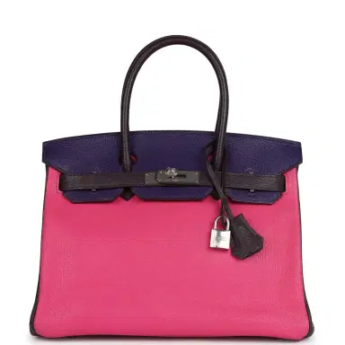 HERMÈS Pre-owned Hermes Special Order (HSS) Birkin 30 Tri-color Raisin, Ultraviolet and Rose Shocking Chevre Palladium Hardware | Thumbnail 1 HERMÈS Pre-owned Hermes Special Order (HSS) Birkin 30 Tri-color Raisin, Ultraviolet and Rose Shocking Chevre Palladium Hardware | Thumbnail 1