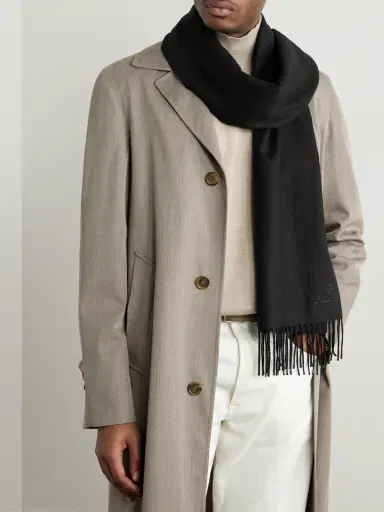 Loro Piana Logo-Embroidered Fringed Herringbone Cashmere Scarf - Men | Thumbnail 2 Loro Piana Logo-Embroidered Fringed Herringbone Cashmere Scarf - Men | Thumbnail 2