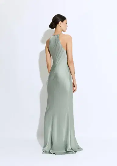 LAPOINTE Satin Halter Gown With Feathers | Thumbnail 2 LAPOINTE Satin Halter Gown With Feathers | Thumbnail 2