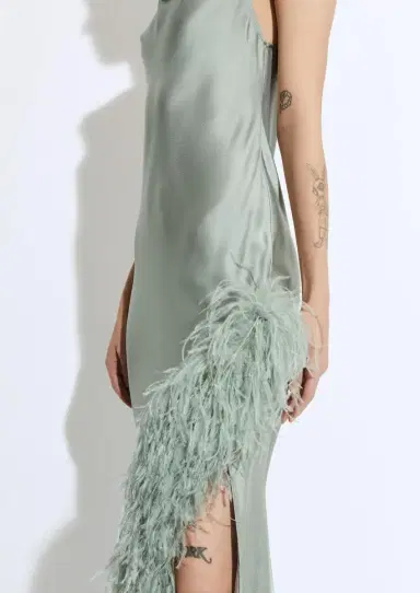 LAPOINTE Satin Halter Gown With Feathers | Thumbnail 3 LAPOINTE Satin Halter Gown With Feathers | Thumbnail 3