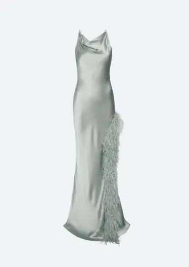 LAPOINTE Satin Halter Gown With Feathers | Thumbnail 4 LAPOINTE Satin Halter Gown With Feathers | Thumbnail 4