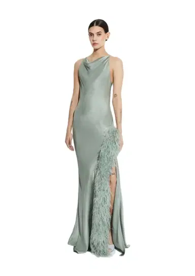 LAPOINTE Satin Halter Gown With Feathers | Thumbnail 1 LAPOINTE Satin Halter Gown With Feathers | Thumbnail 1