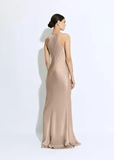 Lapointe Satin Halter Gown With Feathers | Thumbnail 2 Lapointe Satin Halter Gown With Feathers | Thumbnail 2