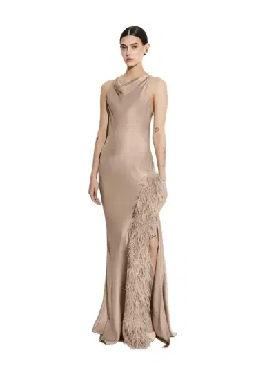 Lapointe Satin Halter Gown With Feathers | Thumbnail 1 Lapointe Satin Halter Gown With Feathers | Thumbnail 1