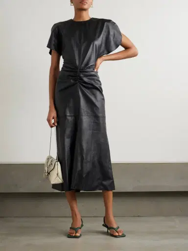Victoria Beckham Gathered Leather Midi Dress | Thumbnail 2 Victoria Beckham Gathered Leather Midi Dress | Thumbnail 2