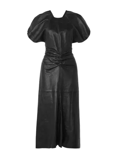 Victoria Beckham Gathered Leather Midi Dress | Thumbnail 1 Victoria Beckham Gathered Leather Midi Dress | Thumbnail 1