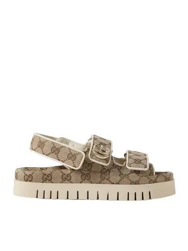 Gucci New Marmont Leather-trimmed Embellished Canvas-jacquard Platform Sandals | Thumbnail 1 Gucci New Marmont Leather-trimmed Embellished Canvas-jacquard Platform Sandals | Thumbnail 1