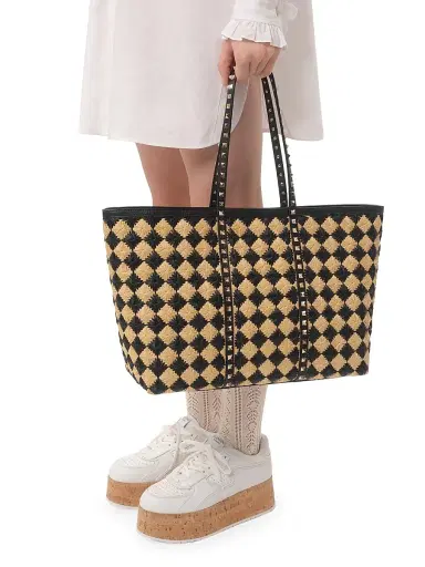 Valentino Garavani Women's Rockstud Embroidered Shopping Bag - Natural Black | Thumbnail 2 Valentino Garavani Women's Rockstud Embroidered Shopping Bag - Natural Black | Thumbnail 2