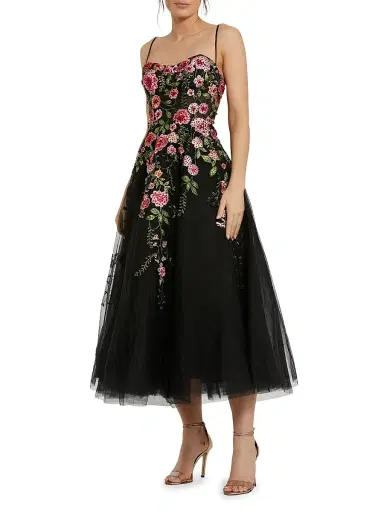 Mac Duggal Women's Cocktail Floral Embroidered Tulle Midi-Dress - Beige Multi | Thumbnail 4 Mac Duggal Women's Cocktail Floral Embroidered Tulle Midi-Dress - Beige Multi | Thumbnail 4
