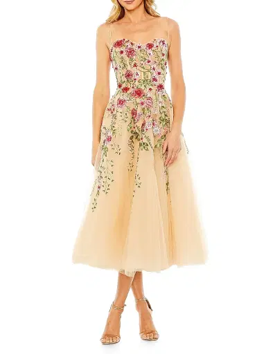 Mac Duggal Women's Cocktail Floral Embroidered Tulle Midi-Dress - Beige Multi | Thumbnail 1 Mac Duggal Women's Cocktail Floral Embroidered Tulle Midi-Dress - Beige Multi | Thumbnail 1