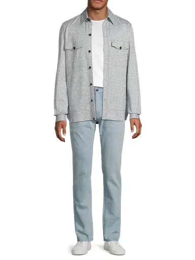 Isaia Men's Houndstooth Linen-Silk-Cotton Overshirt - Blue White | Thumbnail 2 Isaia Men's Houndstooth Linen-Silk-Cotton Overshirt - Blue White | Thumbnail 2