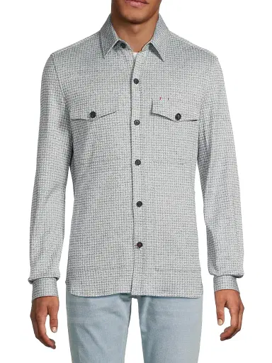 Isaia Men's Houndstooth Linen-Silk-Cotton Overshirt - Blue White | Thumbnail 3 Isaia Men's Houndstooth Linen-Silk-Cotton Overshirt - Blue White | Thumbnail 3