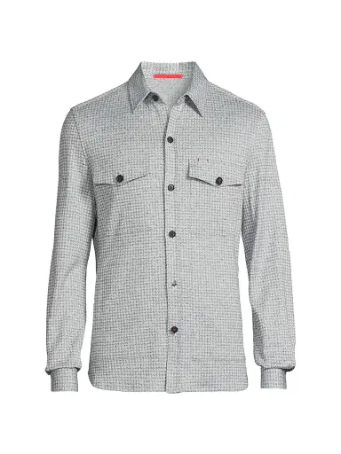 Isaia Men's Houndstooth Linen-Silk-Cotton Overshirt - Blue White | Thumbnail 1 Isaia Men's Houndstooth Linen-Silk-Cotton Overshirt - Blue White | Thumbnail 1