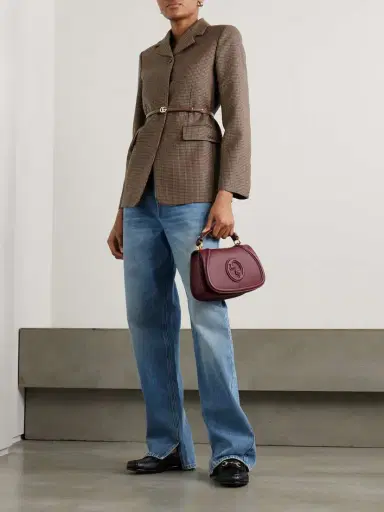Gucci Leather-trimmed Belted Houndstooth Wool Blazer | Thumbnail 2 Gucci Leather-trimmed Belted Houndstooth Wool Blazer | Thumbnail 2