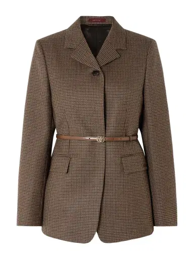 Gucci Leather-trimmed Belted Houndstooth Wool Blazer | Thumbnail 1 Gucci Leather-trimmed Belted Houndstooth Wool Blazer | Thumbnail 1