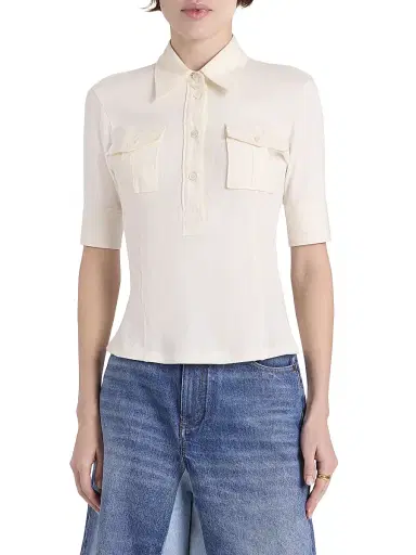 Chloé Women's Cotton Rib-Knit Polo Shirt - Coconut Milk | Thumbnail 3 Chloé Women's Cotton Rib-Knit Polo Shirt - Coconut Milk | Thumbnail 3