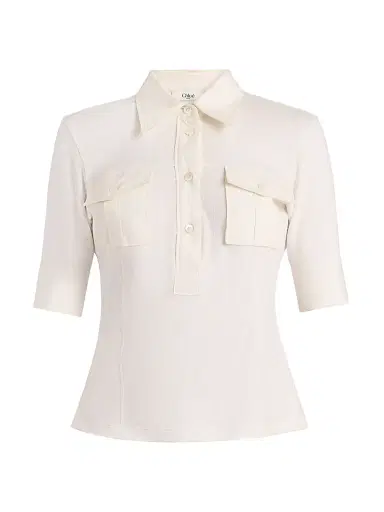 Chloé Women's Cotton Rib-Knit Polo Shirt - Coconut Milk | Thumbnail 1 Chloé Women's Cotton Rib-Knit Polo Shirt - Coconut Milk | Thumbnail 1