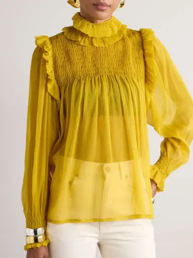Saint Laurent Smocked Ruffled Silk-crepon Blouse | Thumbnail 3 Saint Laurent Smocked Ruffled Silk-crepon Blouse | Thumbnail 3
