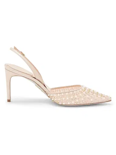 René Caovilla Women's Embellished 80MM Lace Slingback Pumps - Beige Crystal | Thumbnail 1 René Caovilla Women's Embellished 80MM Lace Slingback Pumps - Beige Crystal | Thumbnail 1