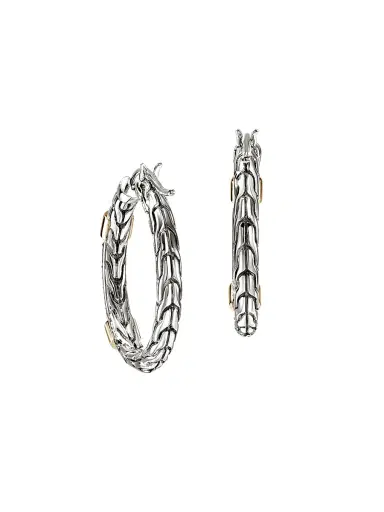 John Hardy Women's JH Essentials Sterling Silver, 14K Yellow Gold & 0.35 TCW Diamond Hoop Earrings - Silver Gold | Thumbnail 3 John Hardy Women's JH Essentials Sterling Silver, 14K Yellow Gold & 0.35 TCW Diamond Hoop Earrings - Silver Gold | Thumbnail 3