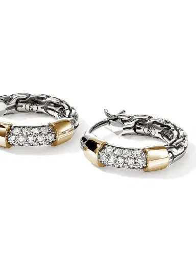 John Hardy Women's JH Essentials Sterling Silver, 14K Yellow Gold & 0.20 TCW Diamond Hoop Earrings - Silver Gold | Thumbnail 4 John Hardy Women's JH Essentials Sterling Silver, 14K Yellow Gold & 0.20 TCW Diamond Hoop Earrings - Silver Gold | Thumbnail 4