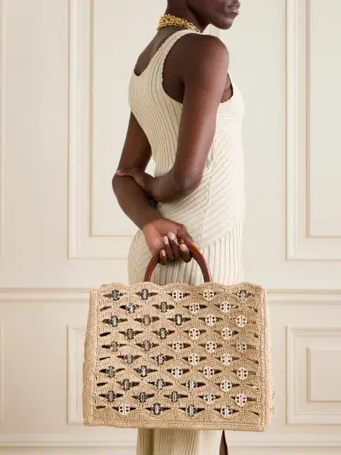 Rabanne 1969 Leather-trimmed Chainmail-embellished Raffia Tote | Thumbnail 2 Rabanne 1969 Leather-trimmed Chainmail-embellished Raffia Tote | Thumbnail 2