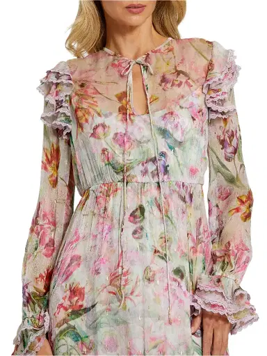Mac Duggal Women's Floral Chiffon Tieneck Tiered Midi-Dress - Lilac Multi | Thumbnail 3 Mac Duggal Women's Floral Chiffon Tieneck Tiered Midi-Dress - Lilac Multi | Thumbnail 3