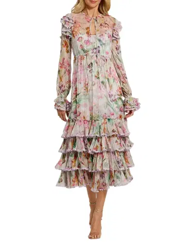 Mac Duggal Women's Floral Chiffon Tieneck Tiered Midi-Dress - Lilac Multi | Thumbnail 1 Mac Duggal Women's Floral Chiffon Tieneck Tiered Midi-Dress - Lilac Multi | Thumbnail 1