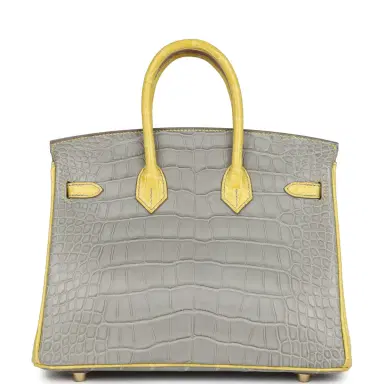 HERMÈS Hermes Special Order (HSS) Birkin 25 Gris Perle and Mimosa Matte Alligator Brushed Gold Hardware | Thumbnail 5 HERMÈS Hermes Special Order (HSS) Birkin 25 Gris Perle and Mimosa Matte Alligator Brushed Gold Hardware | Thumbnail 5
