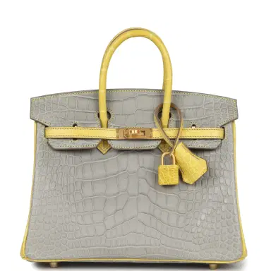 HERMÈS Hermes Special Order (HSS) Birkin 25 Gris Perle and Mimosa Matte Alligator Brushed Gold Hardware | Thumbnail 1 HERMÈS Hermes Special Order (HSS) Birkin 25 Gris Perle and Mimosa Matte Alligator Brushed Gold Hardware | Thumbnail 1