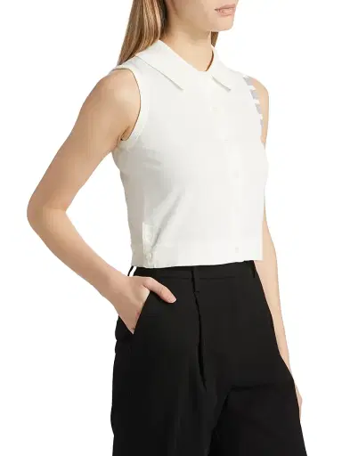 Thom Browne Women's 4 Bar Stripe Cotton Crop Shirt - White | Thumbnail 4 Thom Browne Women's 4 Bar Stripe Cotton Crop Shirt - White | Thumbnail 4