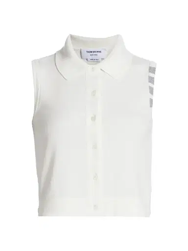 Thom Browne Women's 4 Bar Stripe Cotton Crop Shirt - White | Thumbnail 1 Thom Browne Women's 4 Bar Stripe Cotton Crop Shirt - White | Thumbnail 1