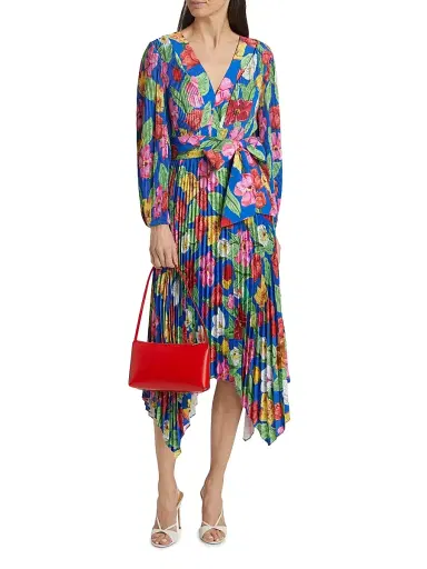 Milly Women's Liora Floral Pleated Tie-Waist Midi Dress - Royal Blue Multi | Thumbnail 3 Milly Women's Liora Floral Pleated Tie-Waist Midi Dress - Royal Blue Multi | Thumbnail 3