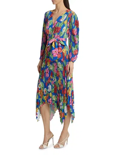 Milly Women's Liora Floral Pleated Tie-Waist Midi Dress - Royal Blue Multi | Thumbnail 4 Milly Women's Liora Floral Pleated Tie-Waist Midi Dress - Royal Blue Multi | Thumbnail 4