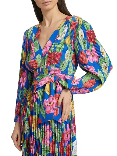 Milly Women's Liora Floral Pleated Tie-Waist Midi Dress - Royal Blue Multi | Thumbnail 6 Milly Women's Liora Floral Pleated Tie-Waist Midi Dress - Royal Blue Multi | Thumbnail 6