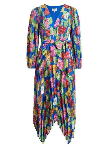 Milly Women's Liora Floral Pleated Tie-Waist Midi Dress - Royal Blue Multi | Thumbnail 1 Milly Women's Liora Floral Pleated Tie-Waist Midi Dress - Royal Blue Multi | Thumbnail 1
