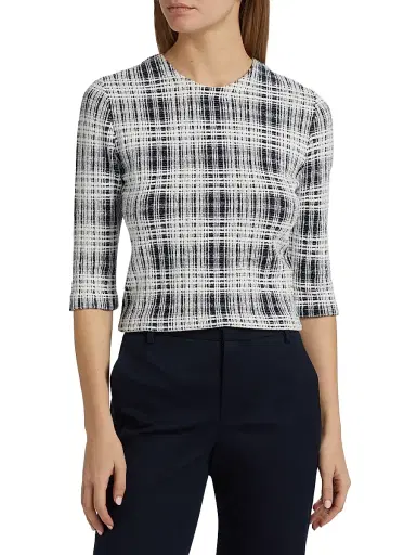 Vince Women's Boucle Plaid Elbow-Sleeve Top | Thumbnail 3 Vince Women's Boucle Plaid Elbow-Sleeve Top | Thumbnail 3