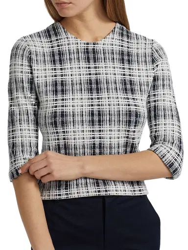 Vince Women's Boucle Plaid Elbow-Sleeve Top | Thumbnail 6 Vince Women's Boucle Plaid Elbow-Sleeve Top | Thumbnail 6