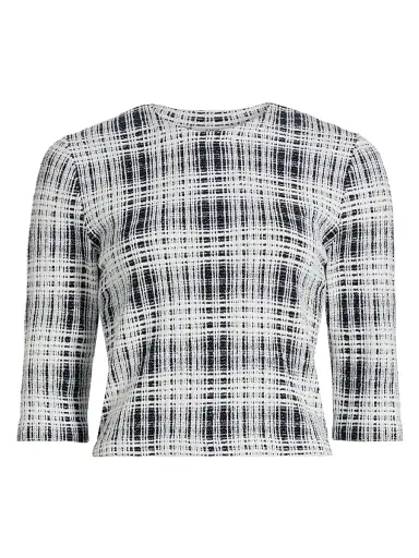 Vince Women's Boucle Plaid Elbow-Sleeve Top | Thumbnail 1 Vince Women's Boucle Plaid Elbow-Sleeve Top | Thumbnail 1
