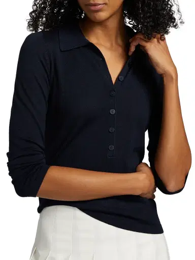 Reformation Women's Wool Knit Polo Shirt - Navy | Thumbnail 6 Reformation Women's Wool Knit Polo Shirt - Navy | Thumbnail 6