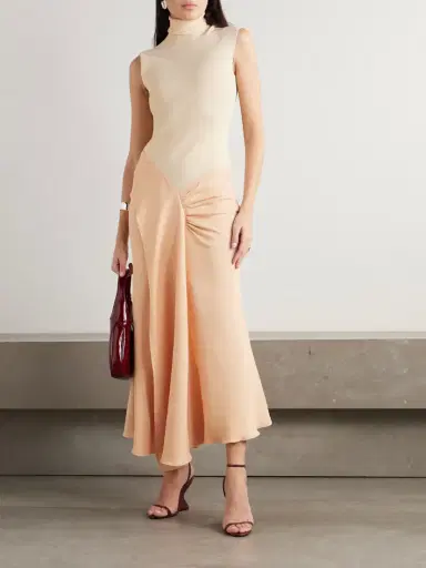 Victoria Beckham Asymmetric Draped Gathered Ribbed-knit And Crepe Midi Dress | Thumbnail 2 Victoria Beckham Asymmetric Draped Gathered Ribbed-knit And Crepe Midi Dress | Thumbnail 2