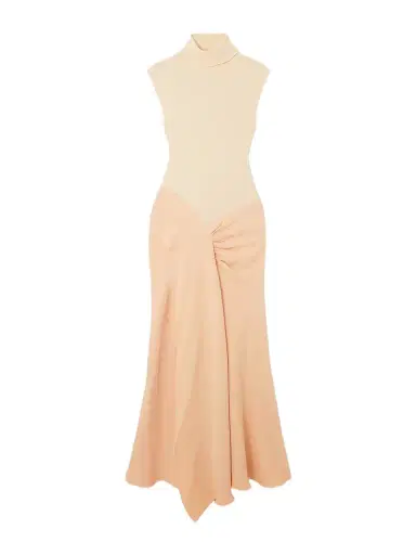 Victoria Beckham Asymmetric Draped Gathered Ribbed-knit And Crepe Midi Dress | Thumbnail 1 Victoria Beckham Asymmetric Draped Gathered Ribbed-knit And Crepe Midi Dress | Thumbnail 1
