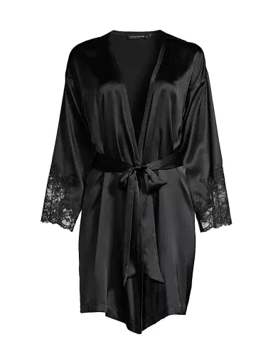 Josie Natori Women's Sleek Lace-Accent Stretch Silk Wrap - Black | Thumbnail 1 Josie Natori Women's Sleek Lace-Accent Stretch Silk Wrap - Black | Thumbnail 1