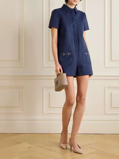 Gucci Embellished Leather-trimmed Canvas-jacquard Playsuit | Thumbnail 2 Gucci Embellished Leather-trimmed Canvas-jacquard Playsuit | Thumbnail 2