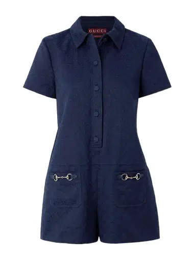 Gucci Embellished Leather-trimmed Canvas-jacquard Playsuit | Thumbnail 1 Gucci Embellished Leather-trimmed Canvas-jacquard Playsuit | Thumbnail 1
