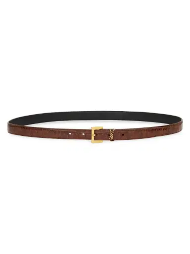 Saint Laurent Women's Cassandre Thin Belt in Crocodile-Embossed Leather - Vegetal Brown | Thumbnail 1 Saint Laurent Women's Cassandre Thin Belt in Crocodile-Embossed Leather - Vegetal Brown | Thumbnail 1